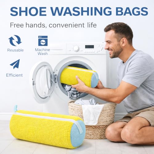Shoe Washing Bags for Washer & Dryer (2-Pack) – Mesh Laundry Bags for Sneakers, Self-Locking Zipper, 39 x 19cm Large Size - color: Yellow 2 pcs