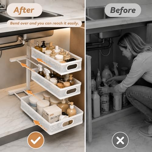 3-Tier Under Sink Organizer 2-Pack Organization for Bathroom Kitchen,White - color: White