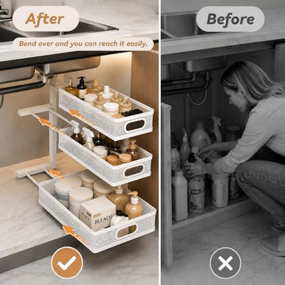 3-Tier Under Sink Organizer 2-Pack Organization for Bathroom Kitchen,White - color: White