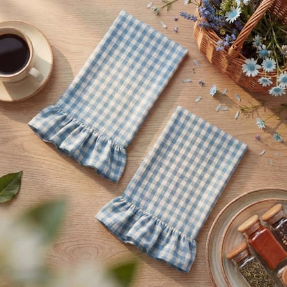 HunnmingRe 2 Pcs Dusty Blue Gingham Kitchen Towels Cotton Ruffle Dish Towel - color: Dusty Blue, style: Gingham
