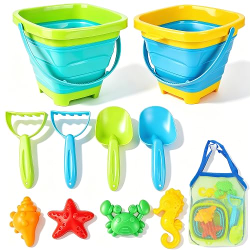 VGY Space-Saving Beach Toys for Kids,2 Collapsible Sand Buckets with Shovels,Rakes,Molds & Mesh Beach Bag,Portable Travel Sandbox Toys for Toddlers Ages 3-10