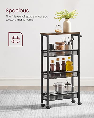 VASAGLE 4-Tier Slim Rolling Storage cart with Wheels, 5.1 Inches, Metal - color: Rustic Brown + Classic Black, size: 4 Tiers (5.1"D x 30.3"H)