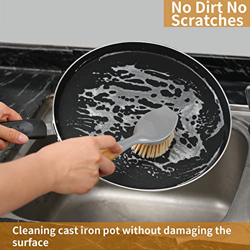 2 Pack Kitchen Dish Brush Bamboo Handle Dish Scrubber Built-in Scraper - style: Gray