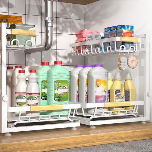 Sevenblue 2-Pack 2-Tier Height Adjustable Under Sink Organizer & Storage - color: White, size: Large