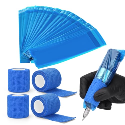 200PCS Tattoo Pen Covers with Self-adhesive Strip 4PCS Tattoo Grip Wrap Bandages Tattoo Machine Bags Tattoo Supplies Accessories (Blue, 200pcs Bags+4pcs Tape) - color: Blue, size: 200pcs Bags+4pcs Tape