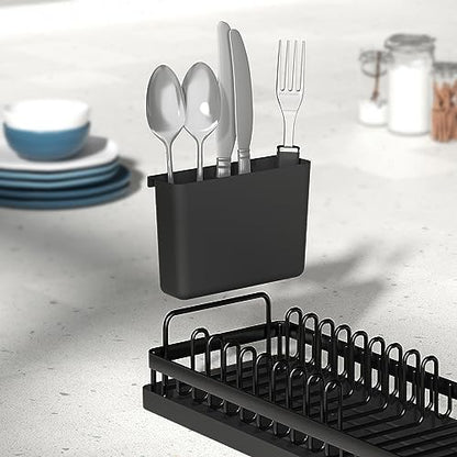 CHLORYARD Small Dish Drying Rack, Compact Sink Dish Drainer Plate Organizer with Utensil Holder and 2pcs Silicone Drying Mats for Kitchen Counter, RVs, Apartments