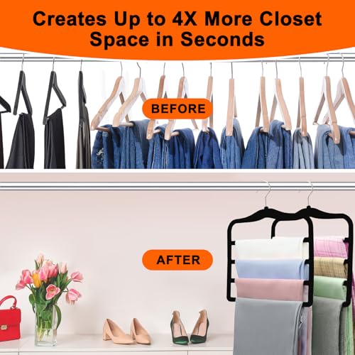 4 Pack Space Saving Velvet Pants Hangers, Dorm Room Essentials, Non-Slip Multi-Tier Closet Organizer for Jeans & Slacks, Maximize Wardrobe Storage with Multi-Purpose Rack for Shorts, Scarves & Ties - color: Black, size: 4 Pack