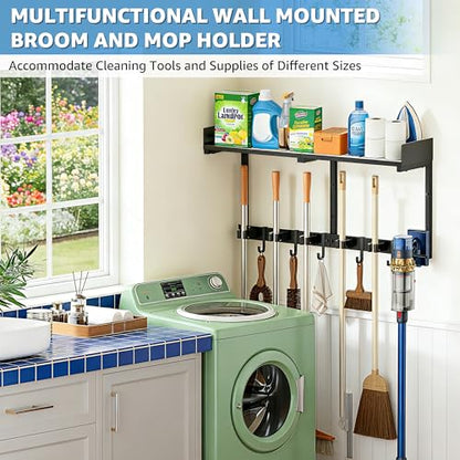 27" Mop and Broom Holder Wall Mount with Top Storage Shelf & Hooks,Black - color: Black, size: Large