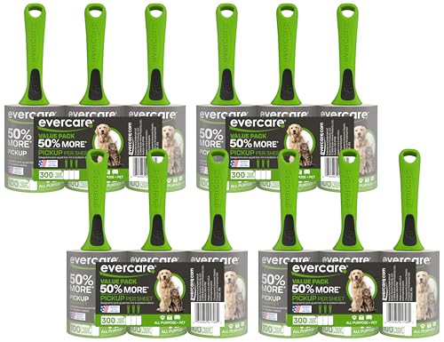Evercare Pet Hair Lint Rollers All Purpose Use 100 Easy-Tear Sheets Per Roll Reusable Sticky Roller Pets Cat & Dog Hair Remover Contoured Handle for Furniture Clothing & Cars, Green (Pack of 12) - size: Pack of 12 (300 Sheets)