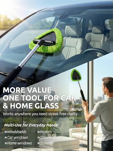 TAKAVU Window & Windshield Cleaner, Extendable, 3 Microfiber Pads (Green) - color: Green
