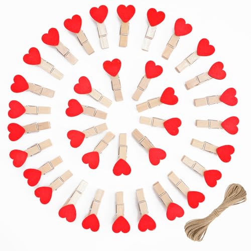 jijAcraft Clothespins with String - 50Pcs Mini Wooden Clothes Pins with Heart, Red Heart Clips, 1.4Inch Small Photo Craft Clip for Baby Shower, Wedding, Birthday - color: Red