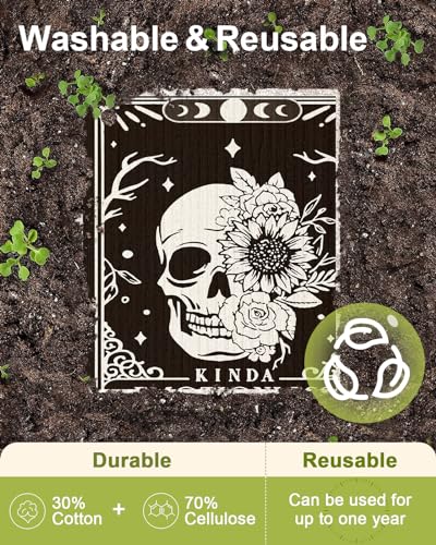 Miss Adola 8 Pack Reusable Kitchen Dishcloths - Absorbent, Fast Drying, Washable Swedish Towels with Cute Black Skull Design - color: White Skull