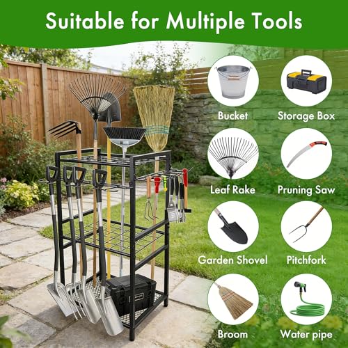 Garage Storage Rack, 70-Hole Multi-Scene Tool Organizer with Adjustable Feet & T-Handle Hooks, Indoor & Outdoor Tool Storage Holder for Broom, Mop, Shovel, No-Tool Assembly, Black