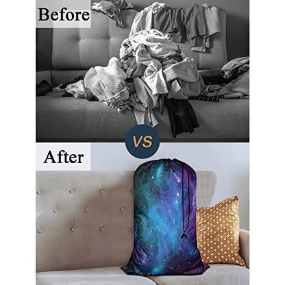 Swono Starry Sky Laundry Bag with Drawstring Straps, Heavy Duty Extra Large Laundry Bags for Laundromat Household, Galaxy Nebula Cloud Cluster Stars Aerospace Travel Dirty Clothes Bag, Purple Blue - color: Starry Sky