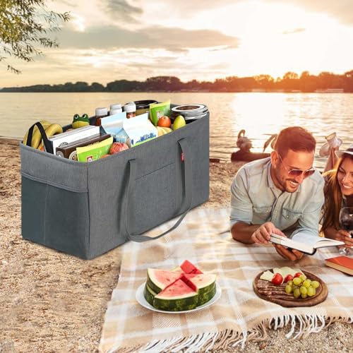 LHZK Standing Extra Large Utility Tote Bag with Metal Wire Frame and the Sides Rinforced, Extra Large Tote Bag with Handle, Reusable Grocery Bags Foldable, Beach Bag, Car Tote (Grey) - color: Dark Gray, size: 22.5''x10.5''x12''-1 Pack