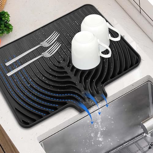 Dish Drying Mat for Kitchen Counter, with Built-in Drain Lip, Food-Grade Silicone, Easy Clean Pad for Countertop Protection, Multi-Functional Use (18x11.8, Black) - color: Black, style: 18x11.8