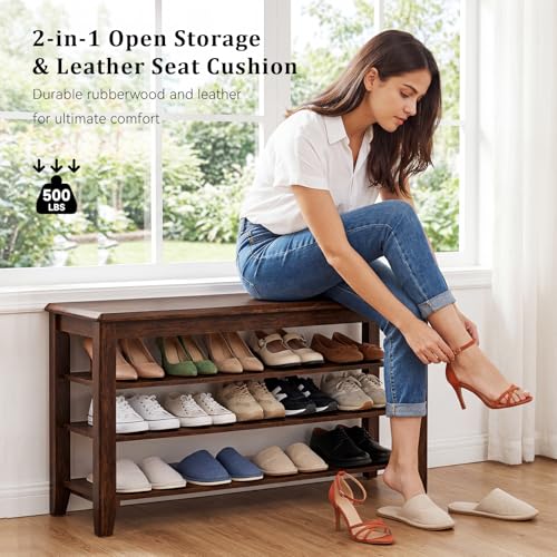 Taitiy Shoe Bench with 3 Tier Adjustable Shelves Rubberwood Entryway 31.5'' - color: Walnut - Wood, size: 31.5''