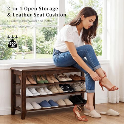 Taitiy Shoe Bench with 3 Tier Adjustable Shelves Rubberwood Entryway 31.5'' - color: Walnut - Wood, size: 31.5''