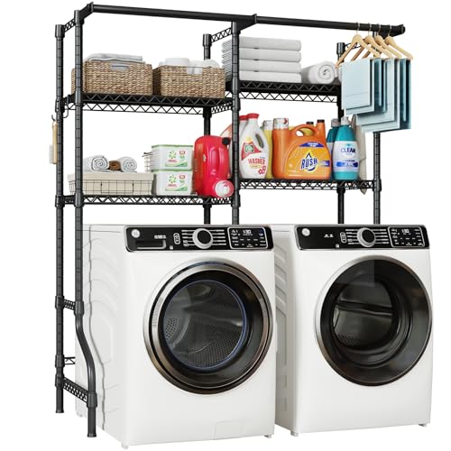 ULIFHOME U14 Over Washer and Dryer Storage Shelves, 4 Tiers Laundry Room Storage and Organizer System, Space Saving Clothes Drying Rack with 2 Clothes Hanger Rods, 66.5" W x 20.5" D x 77.4" H, Black - color: Black, size: Standard