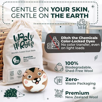 Chemical Free & Baby Safe! Reusable Wool Dryer Balls XL 6-Pack - Reduces Static, Cuts Dry Time, & Softens Naturally - color: Hamster & Friends