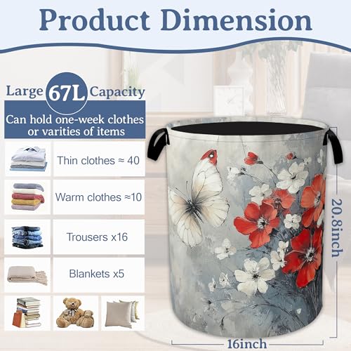 Butterfly Flowers Laundry Basket,Foldable Oxford Cloth Red Laundry Hamper With Handle, 20.8"x16" Portable Clothes Storage Basket Bag for Laundry Room/Bathroom/Bedroom/Dormitories - color: Butterfly Flowers Red