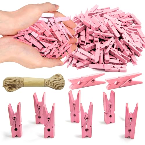 1.35 Inch Mini Clothes Pins for Photo100 Pcs with 32 Feet Jute Twine, Mini Clothes Pins for Crafts, Wooden Small Clothespins for Pictures, Tiny Decorative Clothespins for Baby Shower (Pink) - color: Pink 100 Pcs