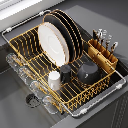 JASIWAY Gold Dish Drying Rack in Sink, Dish Drainer with Utensil Holder - color: Gold, size: For 12"-30"w Sink