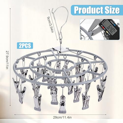 2PCS Drying Rack Clothing with 24 Clips, Metal Round Sock Hanger for Drying Hanging Clothes Dryer Underwear Hangers Racks Lingerie Bra Baby Delicates Foldable Small Indoor Laundry Dryer