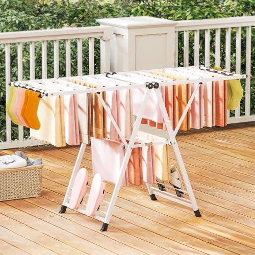 GIANTEX Foldable Metal Clothes Drying Rack, 64" Height Adjustable Wings - color: White, size: 64"L x 39"-62"H
