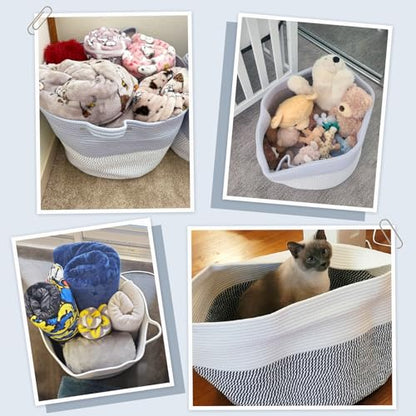INDRESSME XXXLarge Woven Rope Blanket Basket Living Room Blue, 90L - color: Blue & White, size: 21.7"D x 13.8"H