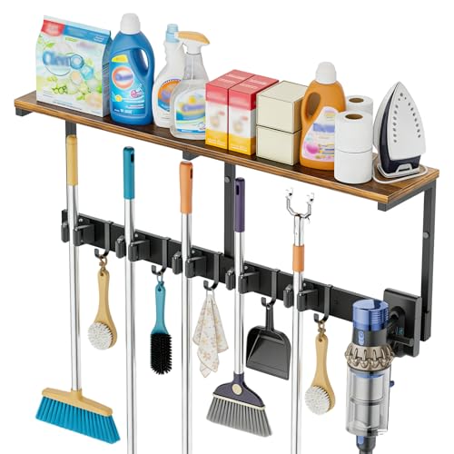 3 in 1Broom Holder Wall Mount,Laundry Room Organization and Storage Shelves with 5 Mop Hanger Rack Gripper Hooks,Utility Shelf Closet Organizer for Garage, Garden,Kitchen,Closet