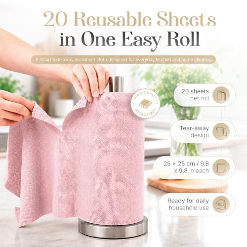 Microfiber Cleaning Cloth Roll 20 Sheets 11" x 10" Tear Away Microfiber Towel Roll Reusable Paper Towels Washable Ultra Absorbent Lint-Free Cleaning Cloths for Kitchen, Car and Home Use, Pink - color: Pink