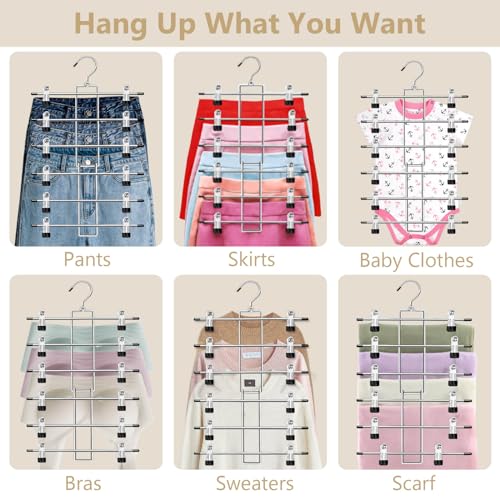 Pants Hangers with Clips,Space Saving Hanging Closet Organizer-6 Tiers Skirt Hangers with 360° Swivel Hook,Closet Organizer-Clothes Hangers- College Dorm Essentials Apartment Essentials-2 Pack - size: 2 pack