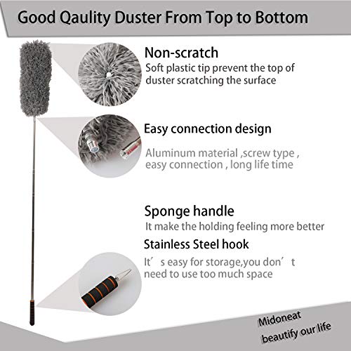 Midoneat Lambswool Duster with Extra Flexible Microfiber Head,Long Reach/Extendable Duster Up to 86" for Cleaning High Ceiling Fan, Interior Roof, Cobweb, Keyboard, Furniture