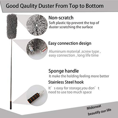 Midoneat Lambswool Duster with Extra Flexible Microfiber Head,Long Reach/Extendable Duster Up to 86" for Cleaning High Ceiling Fan, Interior Roof, Cobweb, Keyboard, Furniture