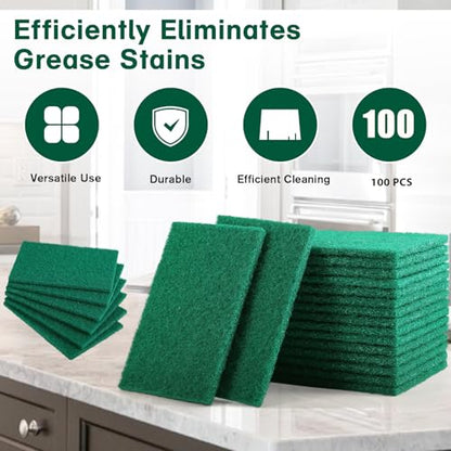 100 Pcs Scouring Pads, Dish Scrubber Scouring Pads, Green, 3x4in