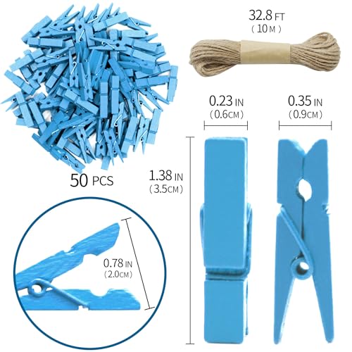 1.35 Inch Mini Clothes Pins for Photo100 Pcs with 32 Feet Jute Twine, Mini Clothes Pins for Crafts, Wooden Small Clothespins for Pictures, Tiny Decorative Clothespins for Baby Shower (Blue) - color: Blue 100 Pcs
