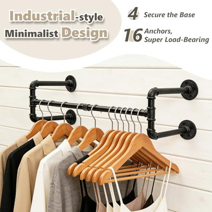 Industrial Pipe Clothing Rack, 32.6 Inch Wall Mounted Garment Rack, Space-Saving Heavy Duty Hanging Closet Rod, Detachable Iron Hanger for Closet and Laundry Room, 4 Bases - size: 32.6 Inches
