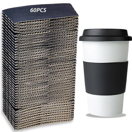 Rukinovi60 Pcs Disposable Coffee Cups Cup Sleeve,Corrugated Kraft Paper Coffee Cups with Lids Sleeve for 12、16、20 Oz Cup,Black Hot Coffee and Hot and Cold Beverages Paper Cups Sleeve(No cup included)