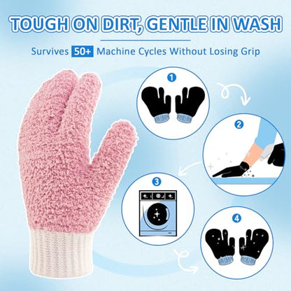 MIG4U Microfiber Dusting Gloves House Cleaning Glove for Blinds, Windows, Shutters, Furniture, and Car, Reusable Lint-Free Pink 2 Pairs S/M - color: Pink Mitten + Gloves