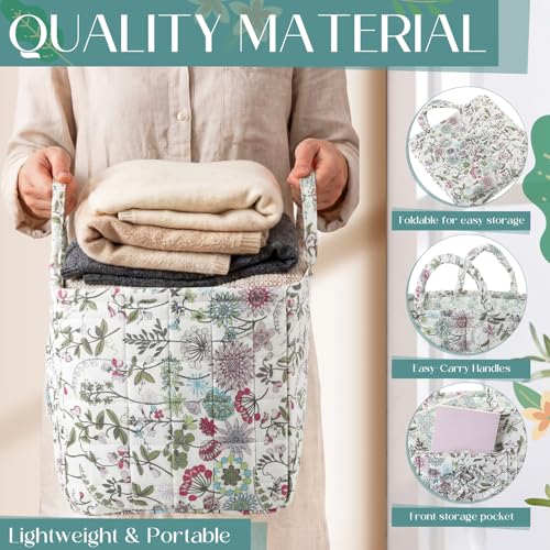 2 Pcs Quilted Fabric Storage Basket with Handles Large Capacity Laundry Basket Boho Foldable Floral Laundry Organizer Bin for Home Picnic Shopping Travel - style: Floral