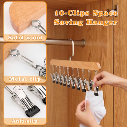 2 Pack Wooden Closet Organizer with 10 Clips, Space Saving Hanging Clothes Hanger, Vintage Wood Clothespins for Jeans Skirts Scarves Hats Socks