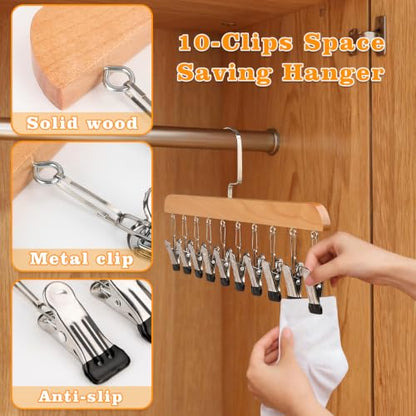 2 Pack Wooden Closet Organizer with 10 Clips, Space Saving Hanging Clothes Hanger, Vintage Wood Clothespins for Jeans Skirts Scarves Hats Socks