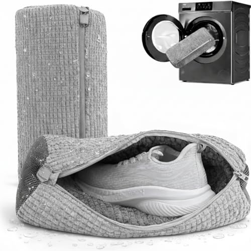 Shoe Washing Machine Bag 2 Pack for Washer & Dryer – Thick Padded Sneaker Laundry Bags with Mesh Panels & Zipper, Protective Shoe Washer Bag for Running & Gym Shoes (Grey) - color: Grey