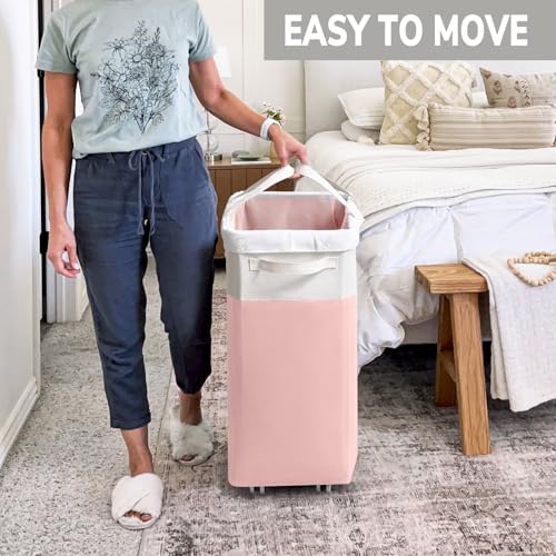 Goodpick 2-Pack Laundry Hamper with Wheels, Dorm Essentials for Girls,75L - color: Pink & White 2-Pack