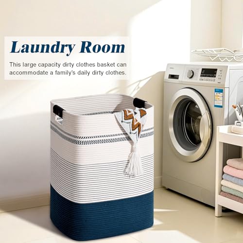 Laundry Hamper, 75L Tall Laundry Basket with Leather Handles, Rectangle Large Clothes Hamper for Organizing, Cotton Woven Laundry Baskets Storage Hampers for Bedroom, Nursery, Living Room - color: Dark Blue & White, size: 75L