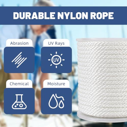 NEWSEED 100 Ft 3/8 Inch Nylon Rope Heavy Duty Utility Rope (White) - size: 3/8 In x 100FT, style: White