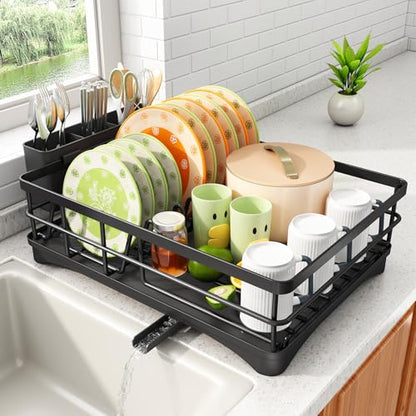 SAYZH Dish Drying Rack for Kitchen Counter with Utensil Holder, Black - color: Black