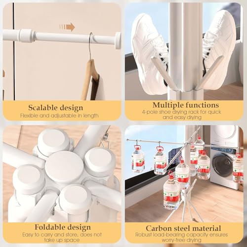 cjc Foldable Clothes Drying Rack, Extra Stable Heavy Duty Laundry Standing Dry Racks with 4 Retractable Drying Rods & 4 Shoe Racks, Space-Saving Collapsible for Indoor Outdoor White - color: White-4 Rods