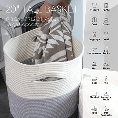 Sea Team Large Woven Cotton Rope Laundry Basket with Lid, 20 x 16 in - color: White & Navy Blue